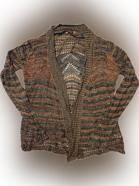 Belldini Open-Front Striped Knit Cardigan in Brown and Gray